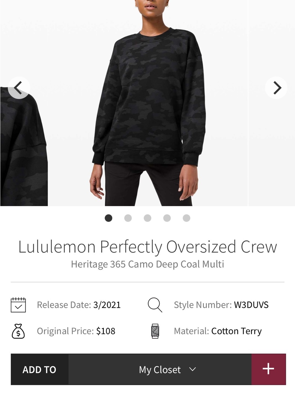 Lululemon Perfectly Oversized Crew in Heritage 365 Camo Deep Coal Multi - Picture 3 of 5